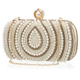 Unique Bargains - Evening Clutch Purse for Women, Vintage Beads Buckle Clasp Handbag for Bridal Wedding 1920s Party Crossbody Bag - Champagne