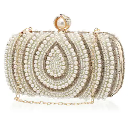 Front. Unique Bargains - Evening Clutch Purse for Women, Vintage Beads Buckle Clasp Handbag for Bridal Wedding 1920s Party Crossbody Bag - Champagne.