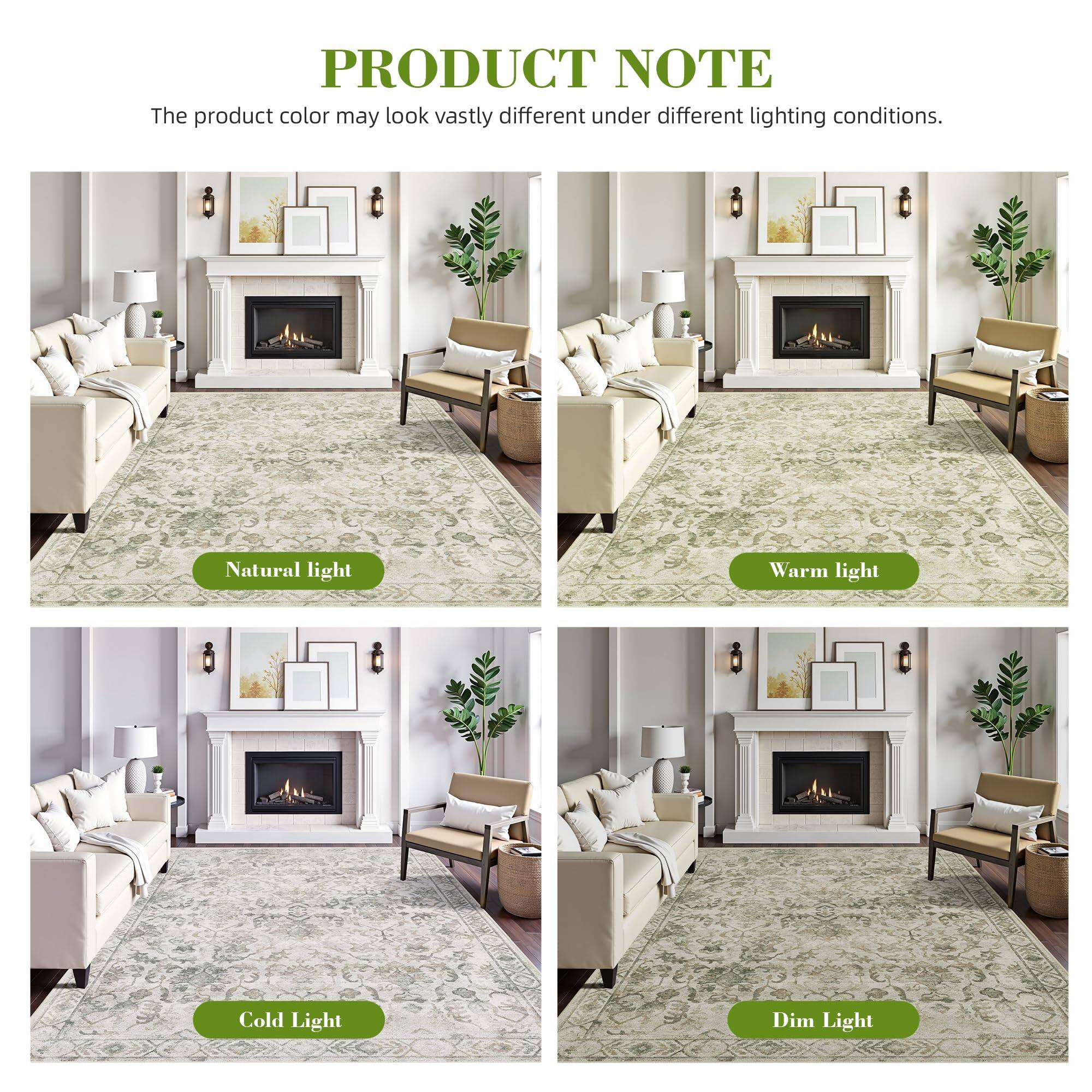 **PRODUCT NOTE**

The product color may look vastly different under different lighting conditions.

- Natural Light
- Warm Light
- Cold Light
- Dim Light