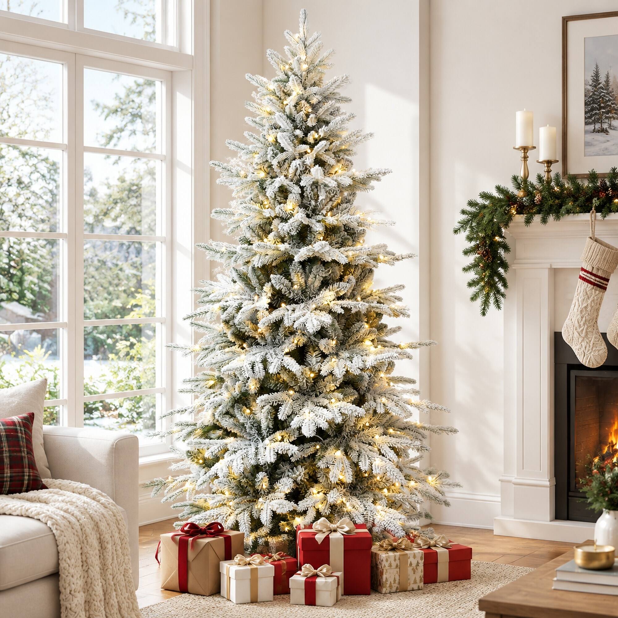 Back. RYHNUYNE - 7FT Pre-Lit Flocked Christmas Tree With 400 Two-Color LED Lights and 2086 Tips, 9 Modes and Metal Stand - Green,White.