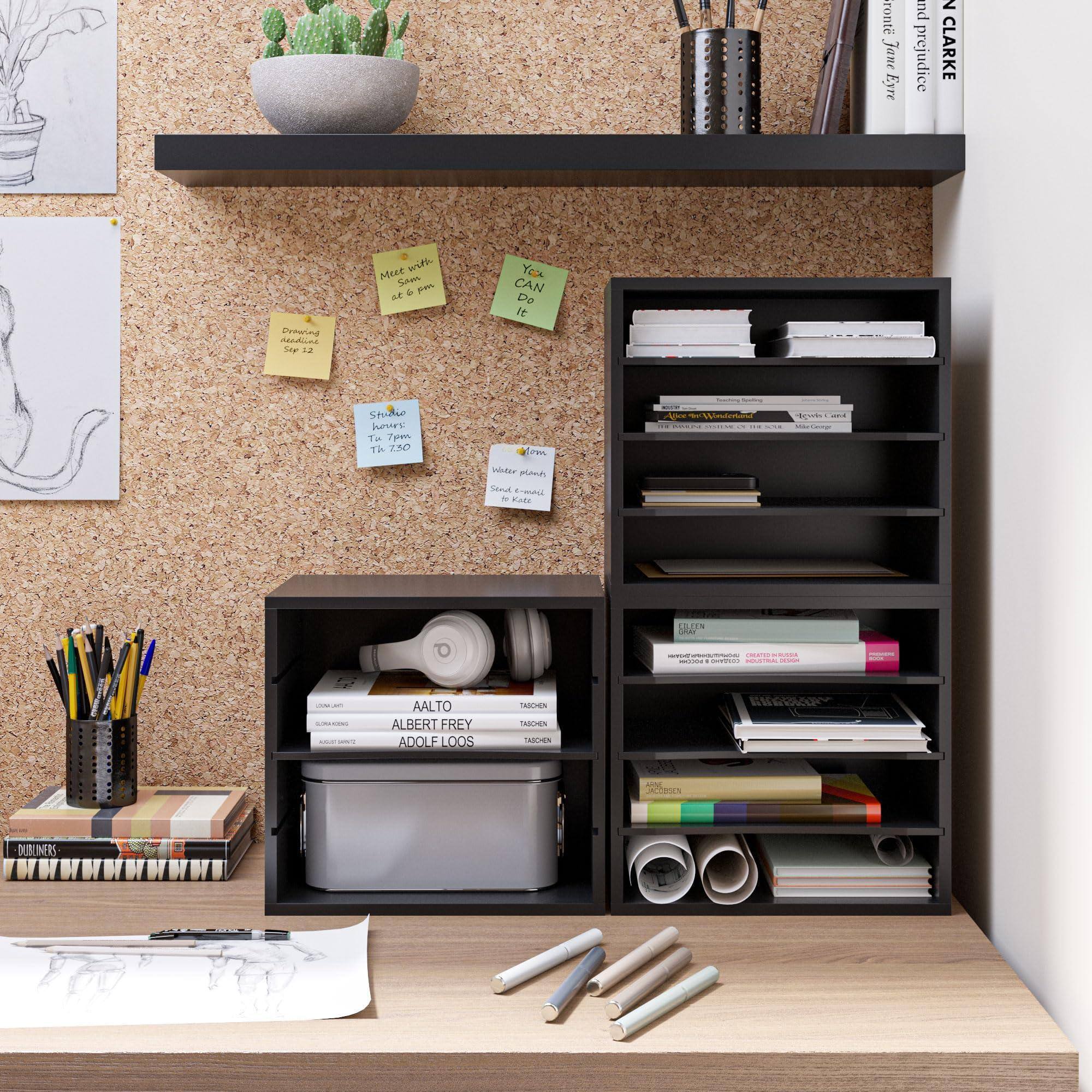 Certainly! Here is the corrected and grouped text from the image:

---

**Post-it Notes:**
- "Drawing Step 12"
- "Strokes Tue 7pm Thu 7:30"
- "Water plants send to Koko"
- "You CAN Do it"
- "Meet with Samo 8:30 pm"

**Books:**
- "Aalto"
- "Albert Frey"
- "Adolf Loos"
- "Dubliners"
- "Jane Eyre"
- "Alois Winterberger"
- "Karl Kraus"
- "Bleak House"
- "Harvard Design Magazine"
- "Created in USA"
- "Aalto"
- "Albert Frey"
- "Adolf Loos"
- "Dubliners"

**Other Text:**
- "AALTO"
- "ALBERT FREY"
- "ADOLF LOOS"
- "TARCIEN"
- "JACOOEN"
- "DUBLINERS"

--- 

This should cover all the visible text in the image.