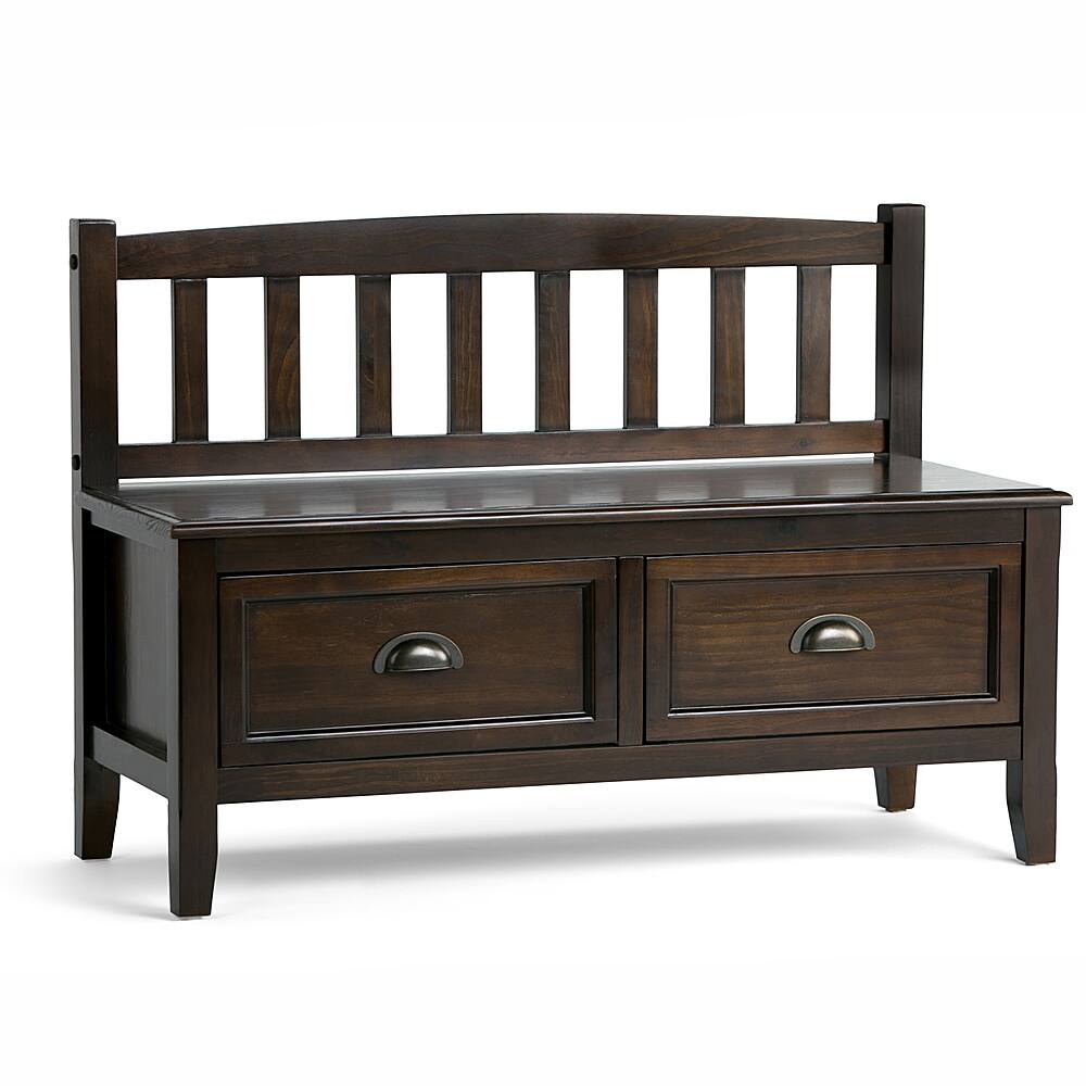 Angle. Simpli Home - Burlington solid wood 42 inch Wide Transitional Entryway Storage Bench with Drawers - Mahogany Brown.