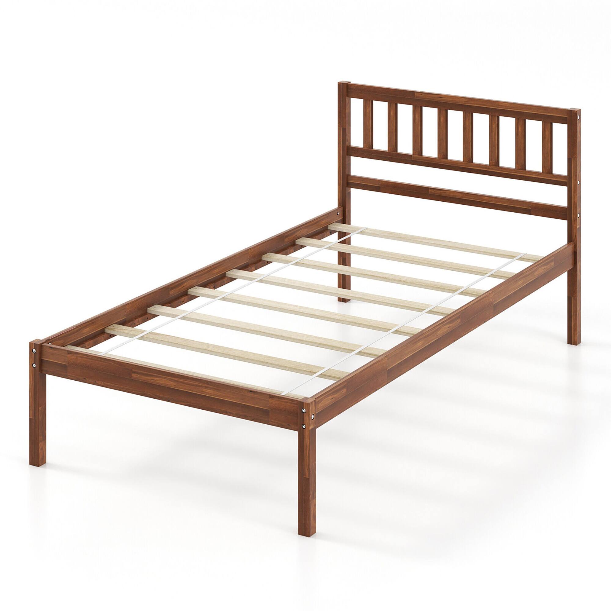 Alt View 8. Gymax - Gymax Twin Platform Bed with Headboard Solid Wood Leg Mattress Foundation Walnut - Walnut.