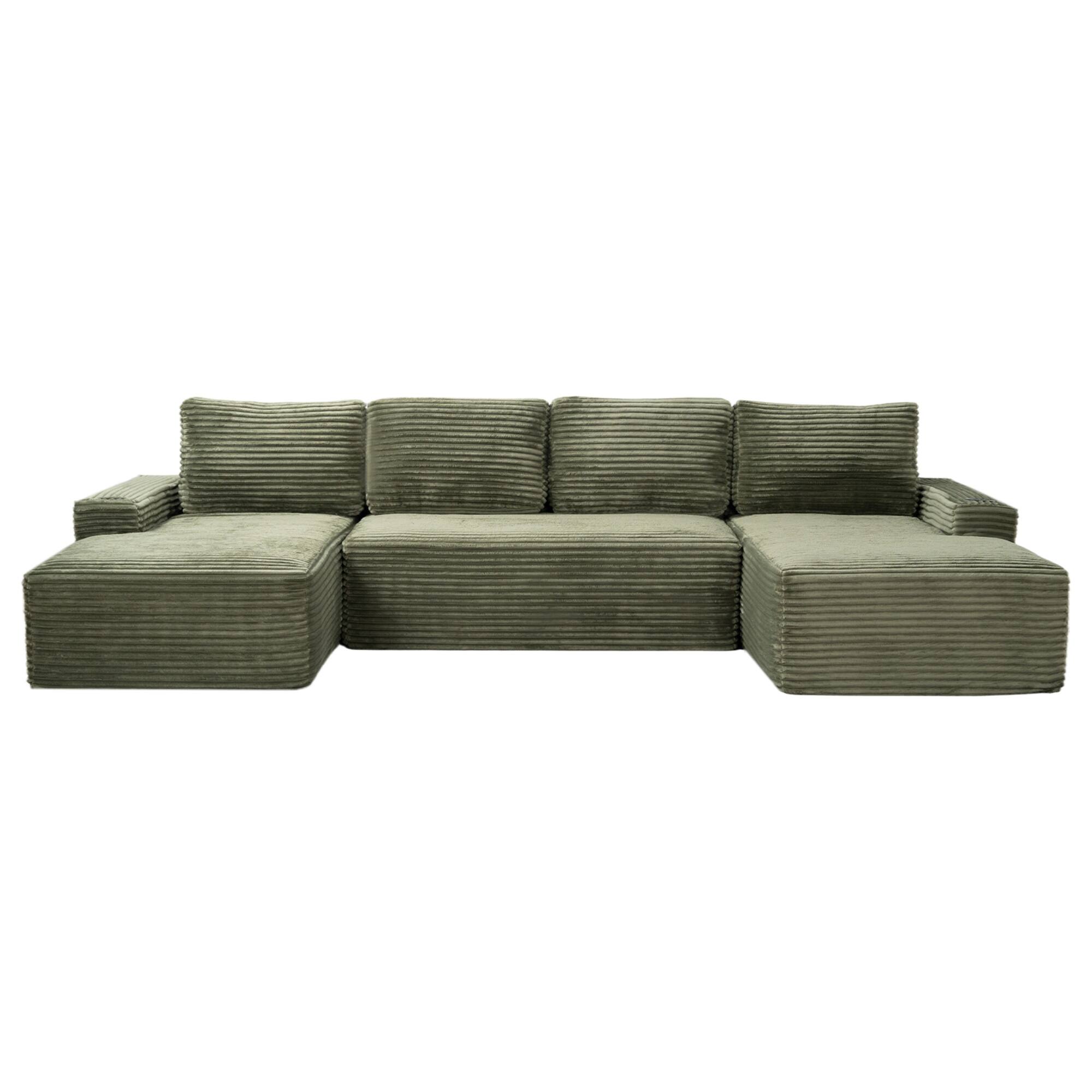 Left. Boyel Living - 133.4-Inch Corduroy Modular U-Shaped Cloud Sectional Sofa - Green.