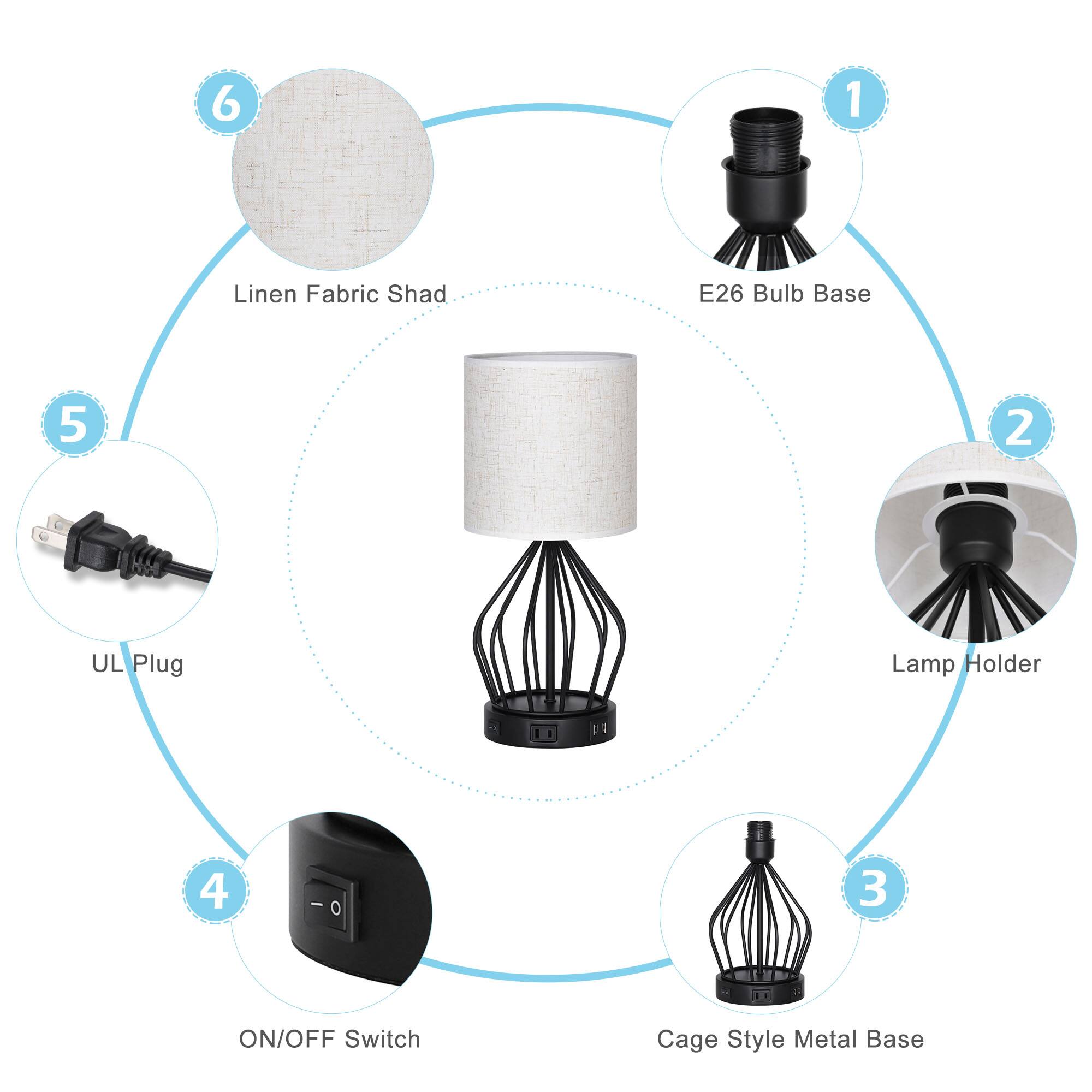 1. E26 Bulb Base  
2. Lamp Holder  
3. Cage Style Metal Base  
4. ON/OFF Switch  
5. UL Plug  
6. Linen Fabric Shade