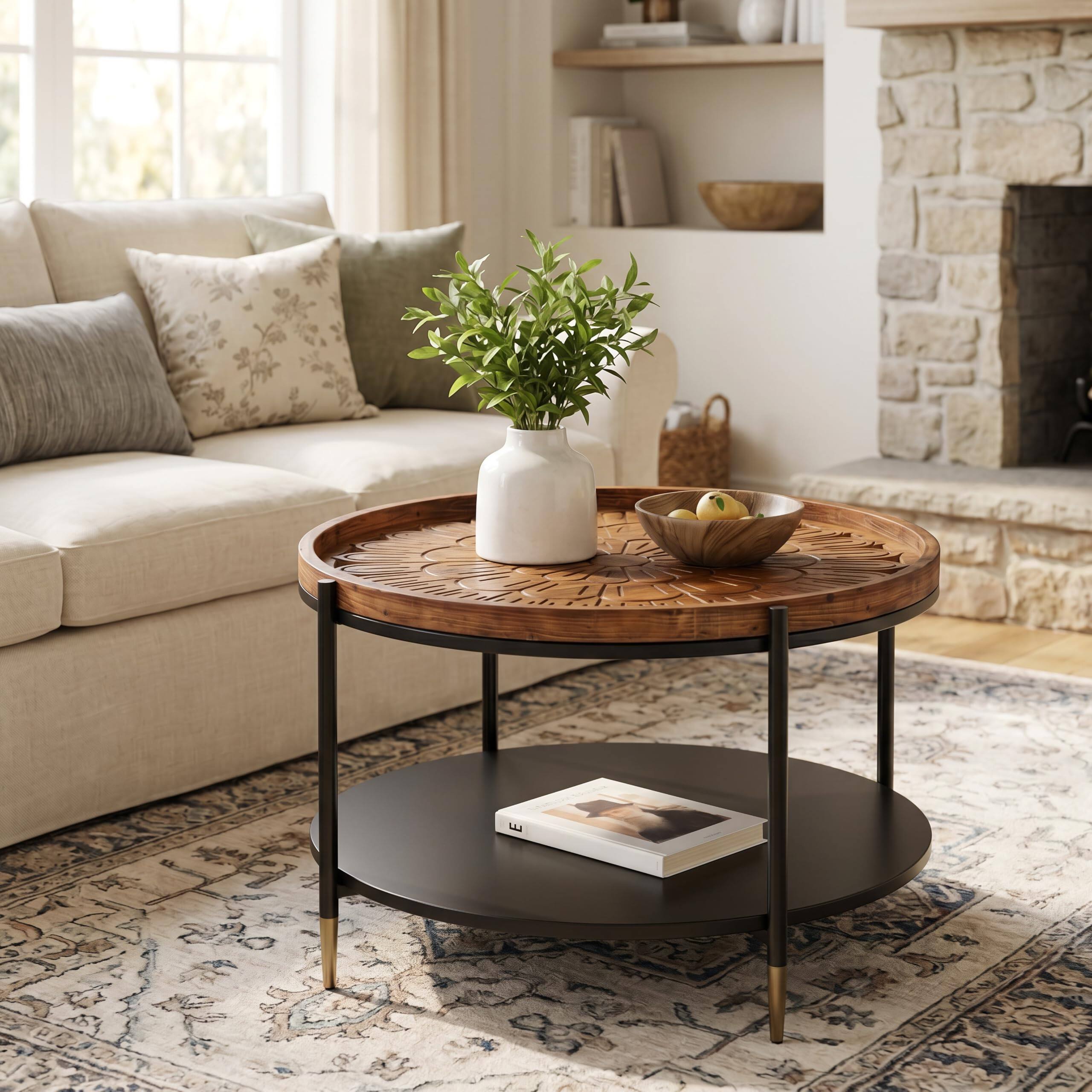 Back. Tribesigns - 31.5" Solid Wood Round Coffee Table, Boho Circle Coffee Table with Floral Carved Tabletop & Metal Shelf, Living Room Tab - Rustic Brown.