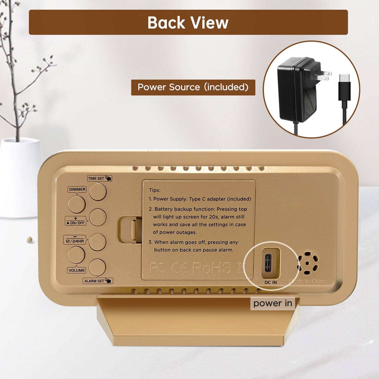 Alt View 2. Dazzed Corner - Digital Mirror Alarm Clock,Plug in LED Modern Clock, Battery Backup - Gold.