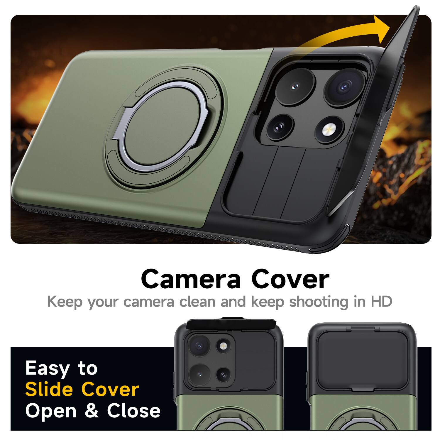Camera Cover  
Keep your camera clean and keep shooting in HD  

Easy to Slide Cover Open & Close