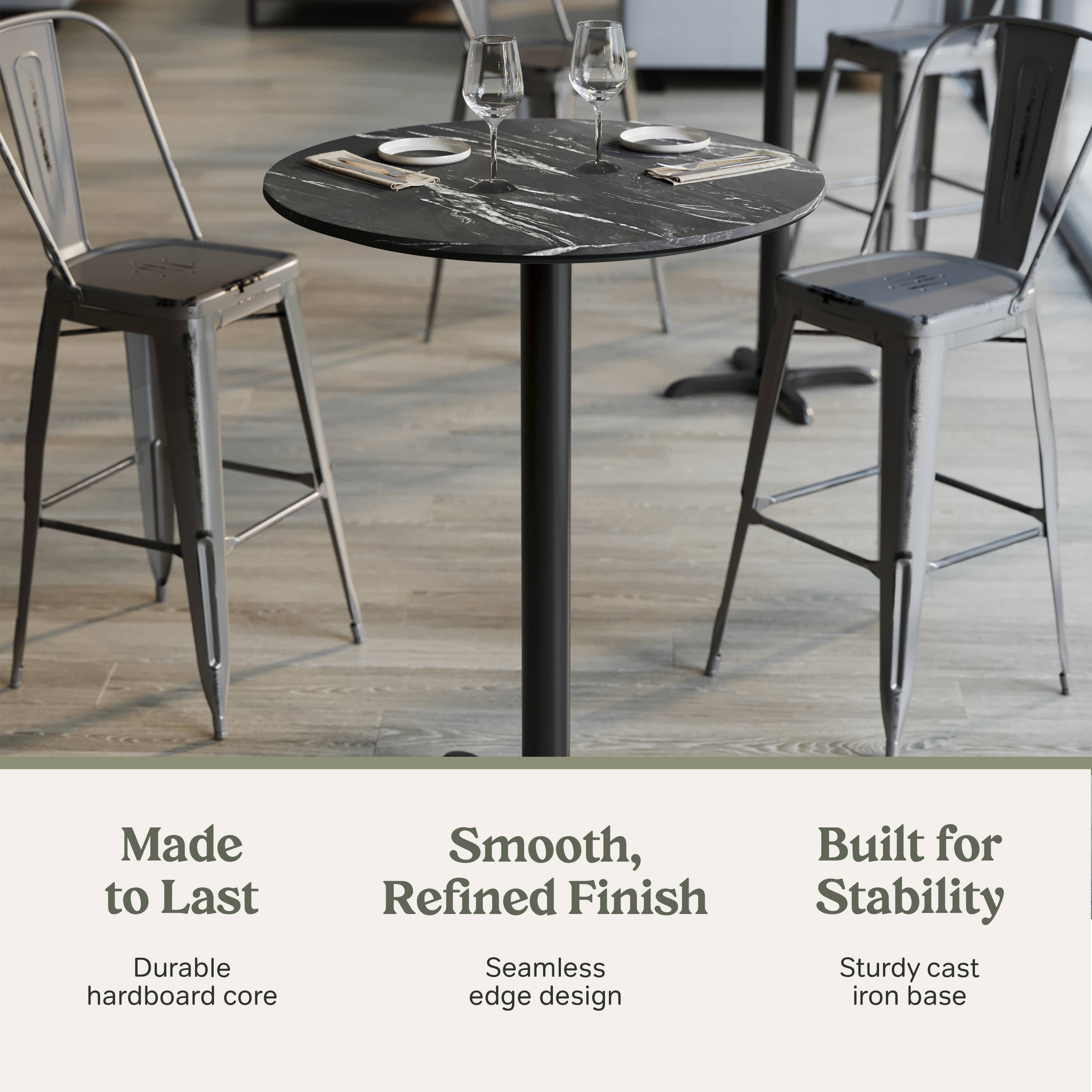 Made to Last  
Durable hardboard core  

Smooth, Refined Finish  
Seamless edge design  

Built for Stability  
Sturdy cast iron base