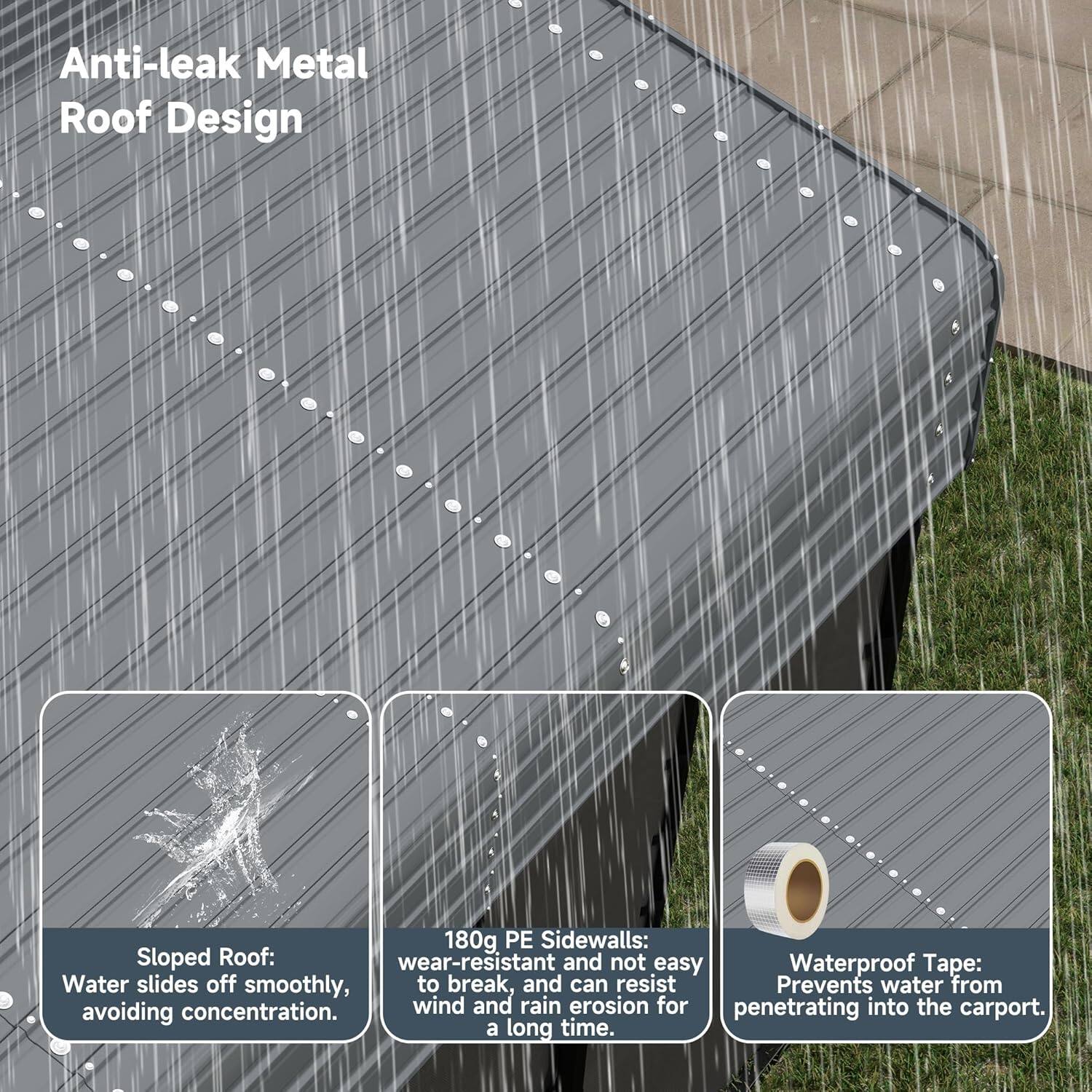 Anti-leak Metal Roof Design

Sloped Roof: Water slides off smoothly, avoiding concentration.

180g PE Sidewalls: Wear-resistant and not easy to break, and can resist wind and rain erosion for a long time.

Waterproof Tape: Prevents water from penetrating into the carport.