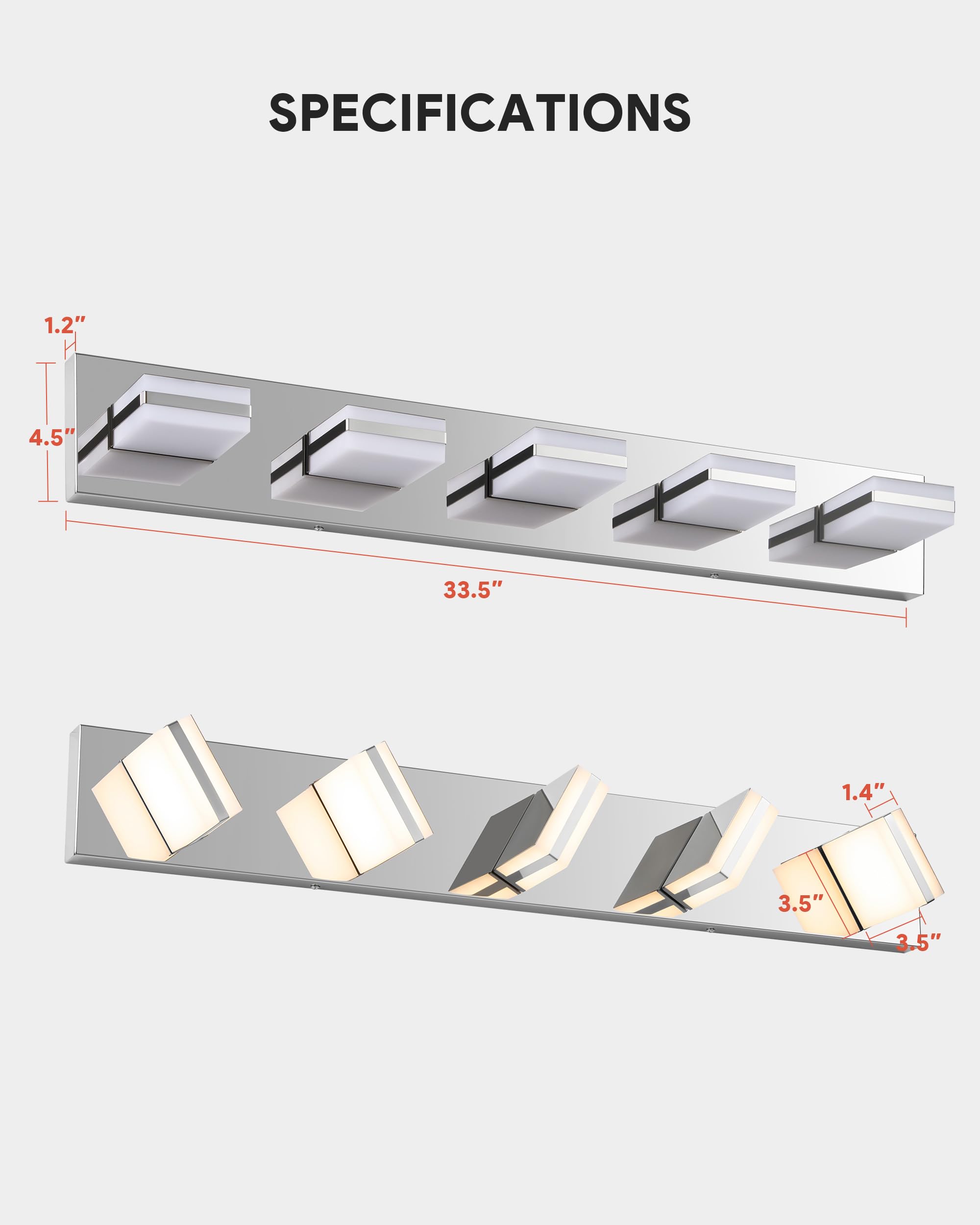 Sure, here are the specifications grouped and corrected:

- **Height:** 1.2"
- **Width:** 33.5"
- **Depth:** 4.5"
- **Height (angled):** 1.4"
- **Depth (angled):** 3.5"
- **Width (angled):** 3.5"