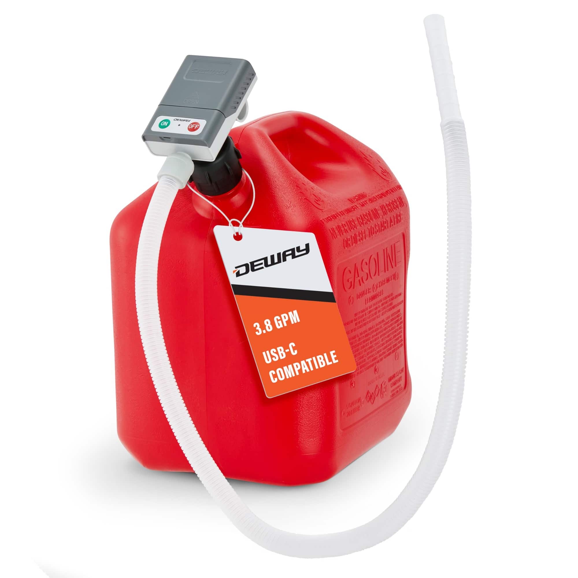 Deway - Ultra Fast Can Fuel Transfer Pump, USB or Battery Powered with 51" Hose & 3 Adapters - Grey