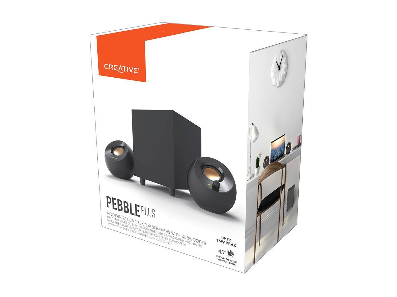 CREATIVE PEBBLE PLUS  
MODERN 2.1 USB DESKTOP SPEAKERS WITH SUBWOOFER  
HAUT-PARLEUR MODERNE USB 2.1 AVEC CAISSE DE BASSE  
MODERNES SPEAKERS USB 2.1 MIT EINER CAISSE DE BASSE  
デスクトップスピーカー USB 2.1 とサブウーファー  

UP TO 16W PEAK  
45° ELEVATED WIDE SOUND STAGE  

DESKTOP SPEAKERS WITH SUBWOOFER  
USB MODERNES SPEAKERS MIT CAISSON SUBWOOFER  
USB MODERNES SPEAKERS MIT EINER CAISSON SUBWOOFER