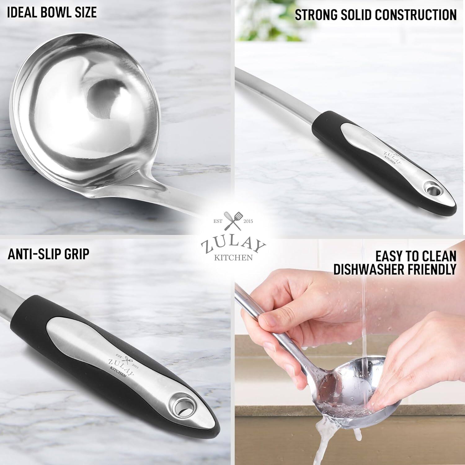 Here is the corrected and grouped text from the image:

- Ideal Bowl Size
- Strong Solid Construction
- Anti-Slip Grip
- Easy to Clean
- Dishwasher Friendly
- Zulay Kitchen
- Est. 2015