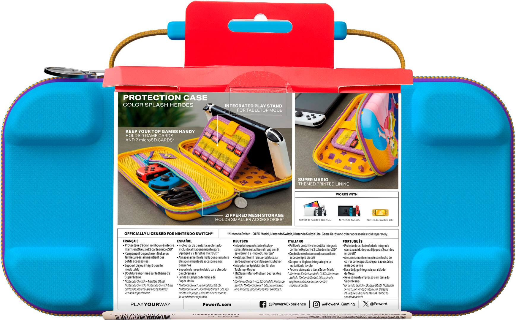 The image features a Nintendo Switch Protection Case, which is designed to hold game cards and microSD cards. The case is super Mario themed and has a zippered mesh storage compartment for smaller accessories. The case is officially licensed for the Nintendo Switch and comes with a printed lining. The case is open, revealing its contents, which include a game card and microSD cards. The case is designed to protect the game cards and microSD cards from damage and keep them organized and easily accessible.