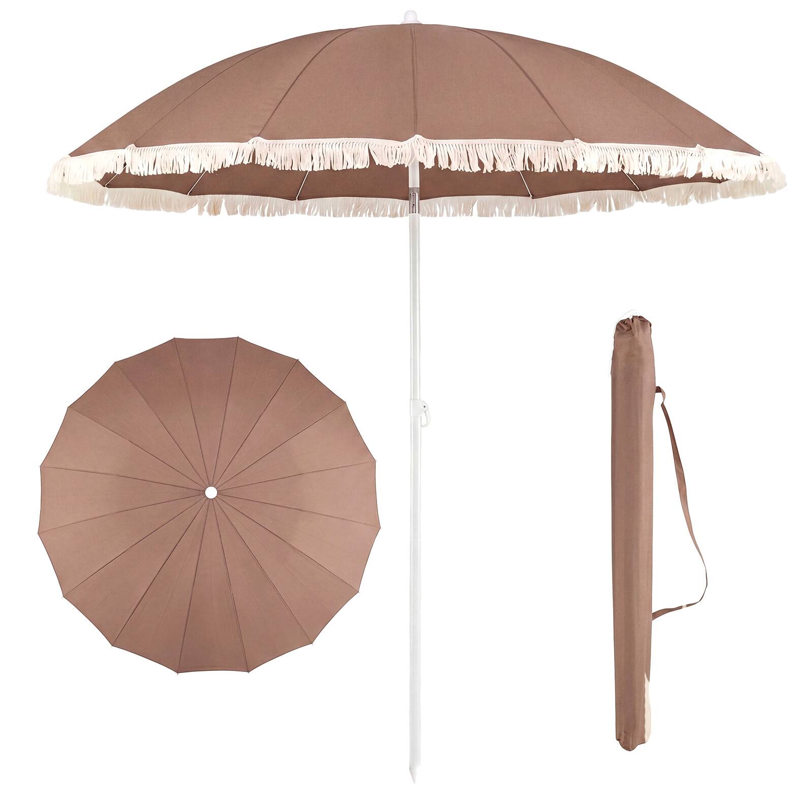 Front. Costway - Costway Patio Umbrella with Fringe, Boho Tassel Umbrella for Outdoor Beach Garden Poolside - Brown+White.