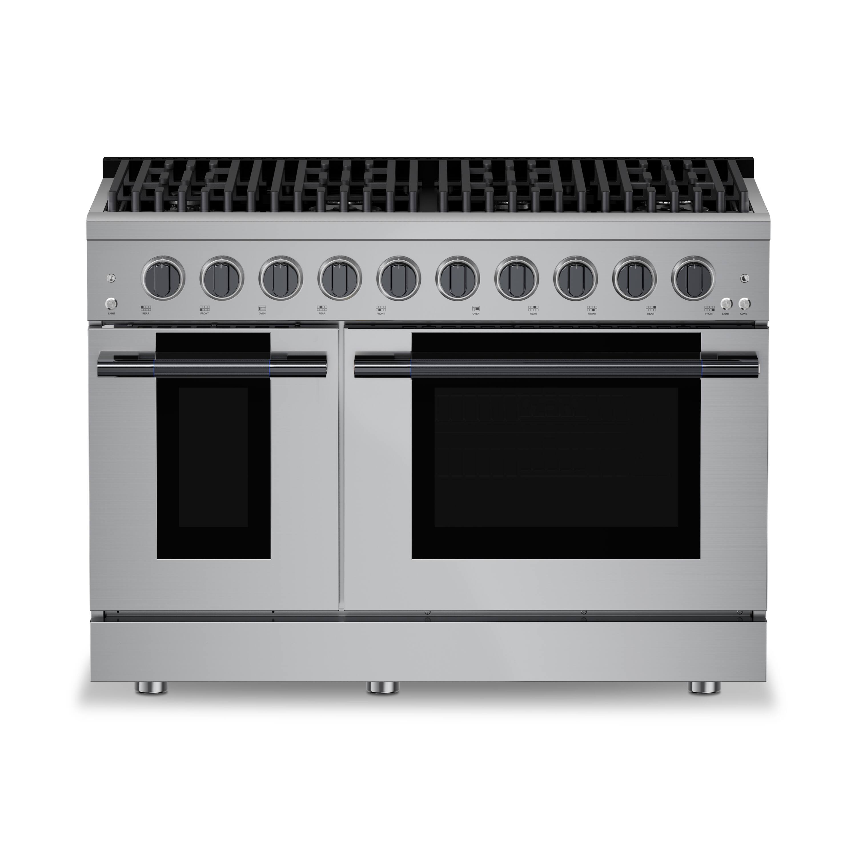 Front. Hauslane - HausPro 48 in. 8 Burners Gas Range in Black Stainless Steel with 20,000 BTU and Double Oven with 5 Rack Positions - Black Stainless Steel.