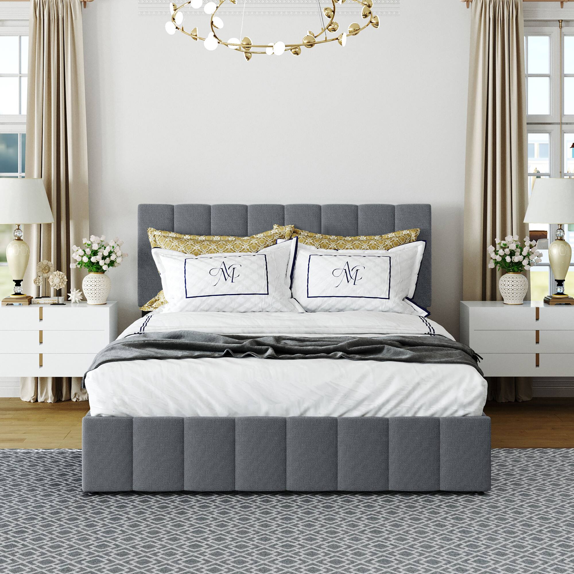 Left. GOODSILO - Queen Size Upholstered Platform Bed with Hydraulic Storage System - Gray.