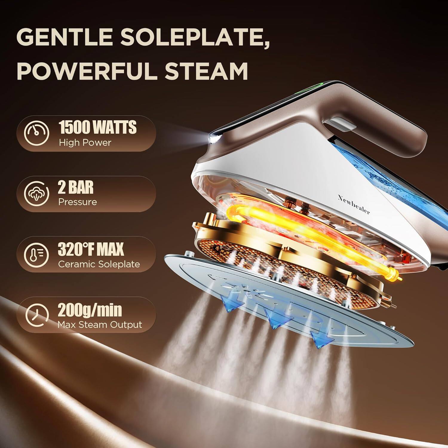 GENTLE SOLEPLATE, POWERFUL STEAM

- 1500 WATTS High Power
- 2 BAR Pressure
- 320°F MAX Ceramic Soleplate
- 200g/min Max Steam Output
