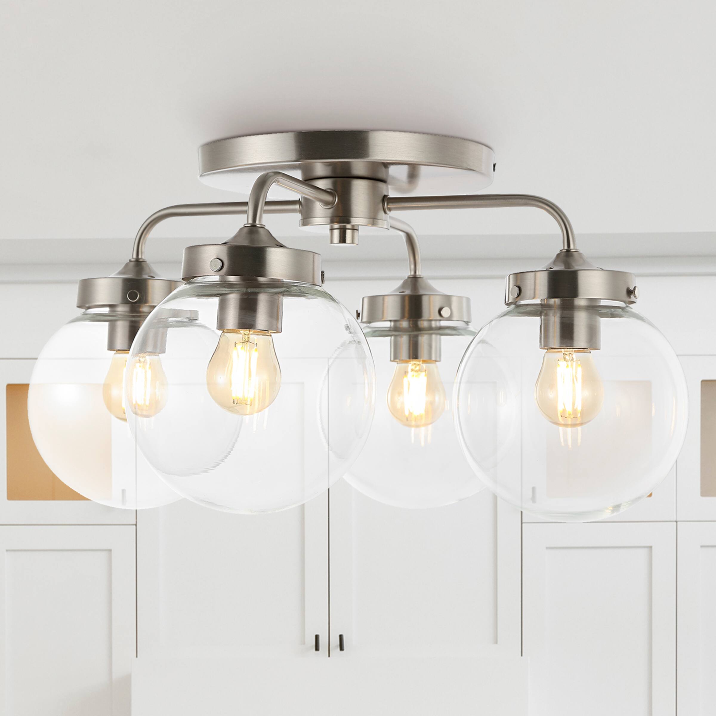 Alt View 1. Jonathan Y - Piper 18" 4-Light Farmhouse Rustic Iron/Glass LED Semi Flush Mount, Nickel/Clear - Nickel.