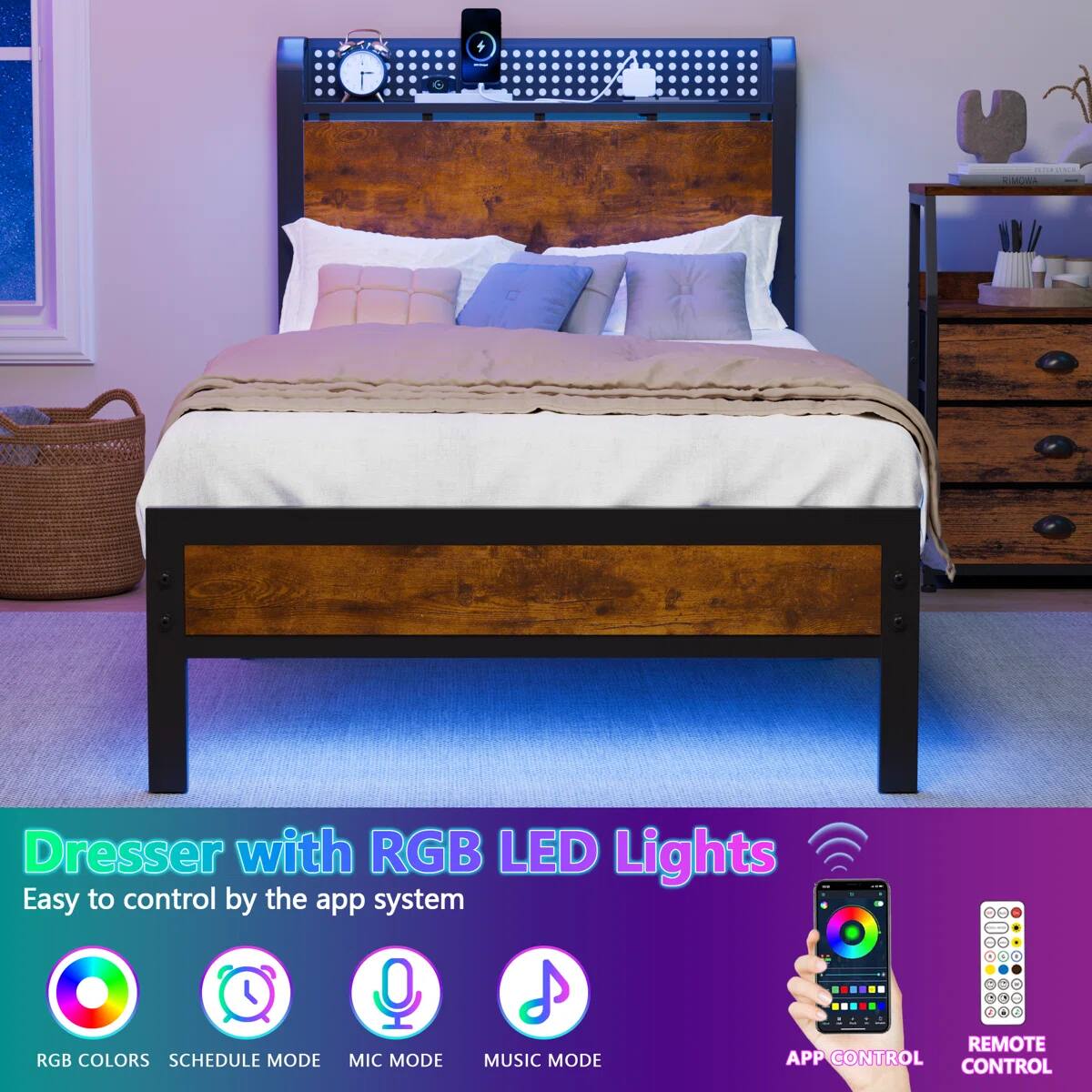 Dresser with RGB LED Lights  
Easy to control by the app system  
- RGB COLORS  
- SCHEDULE MODE  
- MIC MODE  
- MUSIC MODE  
- APP CONTROL  
- REMOTE CONTROL