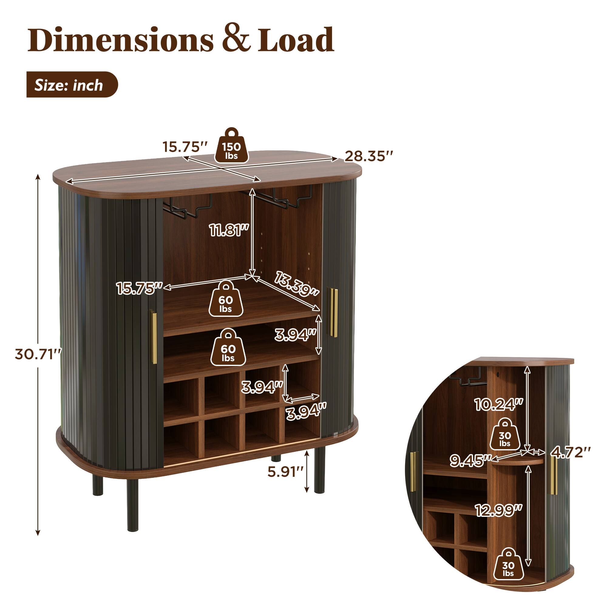 Dimensions & Load Size:  
- Height: 30.71"  
- Diameter: 15.75"  
- Top Shelf: 28.35" x 15.75" (Load: 150 lbs)  
- Middle Shelf: 13.39" x 3.94" (Load: 60 lbs)  
- Bottom Shelf: 11.81" x 3.94" (Load: 60 lbs)  
- Side Shelf: 10.24" x 4.72" (Load: 30 lbs)  
- Bottom Shelf: 9.45" x 3.94" (Load: 30 lbs)