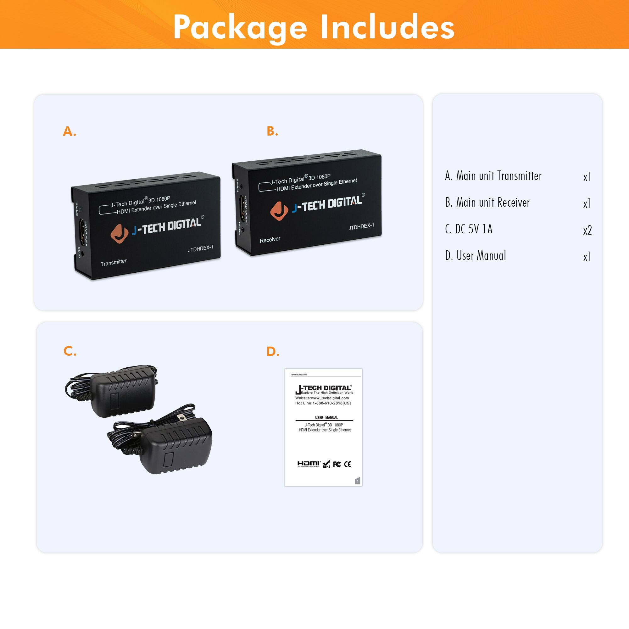Package Includes

A. Main unit Transmitter  
B. Main unit Receiver  
C. DC 5V 1A  
D. User Manual  

A. Main unit Transmitter  
B. Main unit Receiver  
C. DC 5V 1A  
D. User Manual  

A. Main unit Transmitter  
B. Main unit Receiver  
C. DC 5V 1A  
D. User Manual  

A. Main unit Transmitter  
B. Main unit Receiver  
C. DC 5V 1A  
D. User Manual  

A. Main unit Transmitter  
B. Main unit Receiver  
C. DC 5V 1A  
D. User Manual  

A. Main unit Transmitter  
B. Main unit Receiver  
C. DC 5V 1A  
D. User Manual  

A. Main unit Transmitter  
B. Main unit Receiver  
C. DC 5V 1A  
D. User Manual  

A. Main unit Transmitter  
B. Main unit Receiver  
C. DC 5V 1A  
D. User Manual  

A. Main unit Transmitter  
B. Main unit Receiver  
C. DC 5V 1A  
D. User Manual  

A