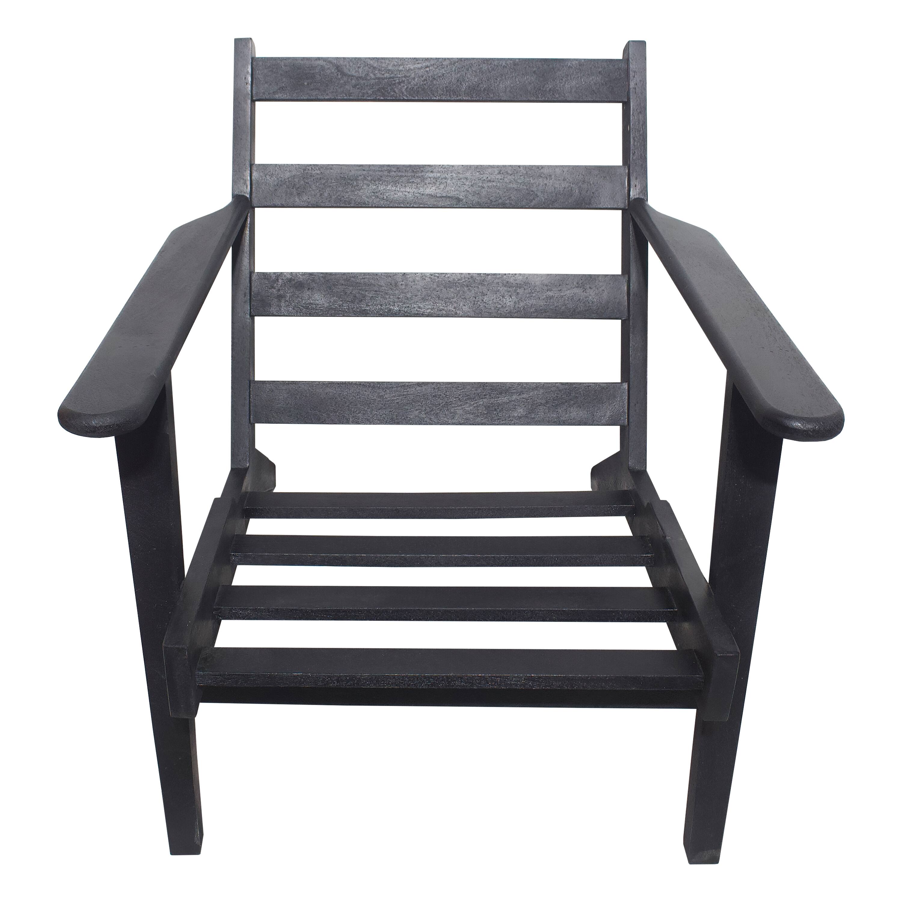 Alt View 4. Manhattan Lane - Amber Accent Chair, Handcrafted Slatted Mango Wood, Black Buffalo Leather Cushions, Angled Legs - Black.