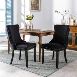 LUCKY ONE - Assembled Wing-Back Dining Chair Set of 2 with Nailhead Trim Solid Wood Legs Upholstered - Black