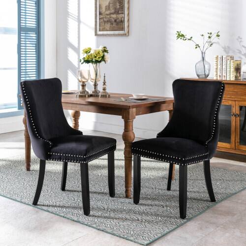 Front. LUCKY ONE - Assembled Wing-Back Dining Chair Set of 2 with Nailhead Trim Solid Wood Legs Upholstered - Black.