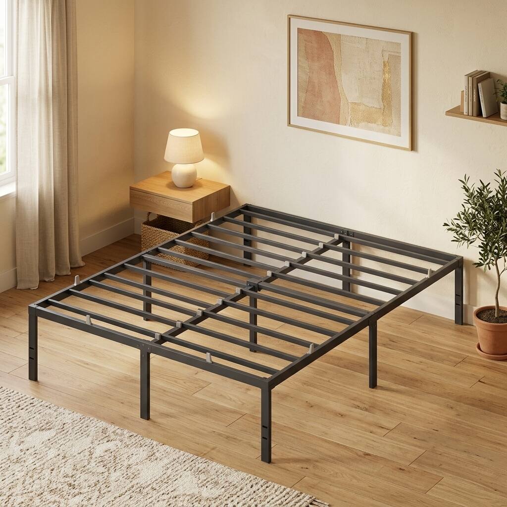 Songmics Home - Queen Metal Bed Frame 18 Inches Tall, Heavy-Duty Platform Bed, with Under-Bed Storage - Matte Black