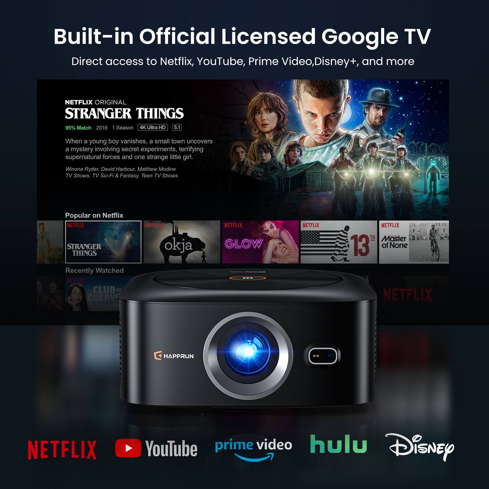 Built-in Official Licensed Google TV  
Direct access to Netflix, YouTube, Prime Video, Disney+, and more

NETFLIX ORIGINAL  
STRANGER THINGS  
95% Match 2016 1 Season 4K Ultra HD 5.1  
When a young boy vanishes, a small town uncovers a mystery involving secret experiments, terrifying supernatural forces and one strange little girl.  
Winona Ryder, David Harbour, Matthew Modine  
TV Shows, TV Sci-Fi & Fantasy, Teen TV Shows  

Popular on Netflix  
STRANGER THINGS  
Okja  
GLOW  
CLUB DE CUERVO  
Recently Watched  
NETFLIX CLUB DE CUERVO  
NETFLIX OKJA  
NETFLIX GLOW  
NETFLIX STRANGER THINGS  
NETFLIX THE MASTER OF NONE  
NETFLIX HAPPY RUN  
NETFLIX YouTube prime video hulu Disney

NETFLIX  
YouTube  
prime video  
hulu  
Disney