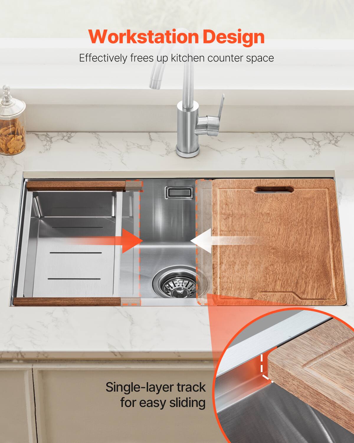 Workstation Design
Effectively frees up kitchen counter space
Single-layer track for easy sliding