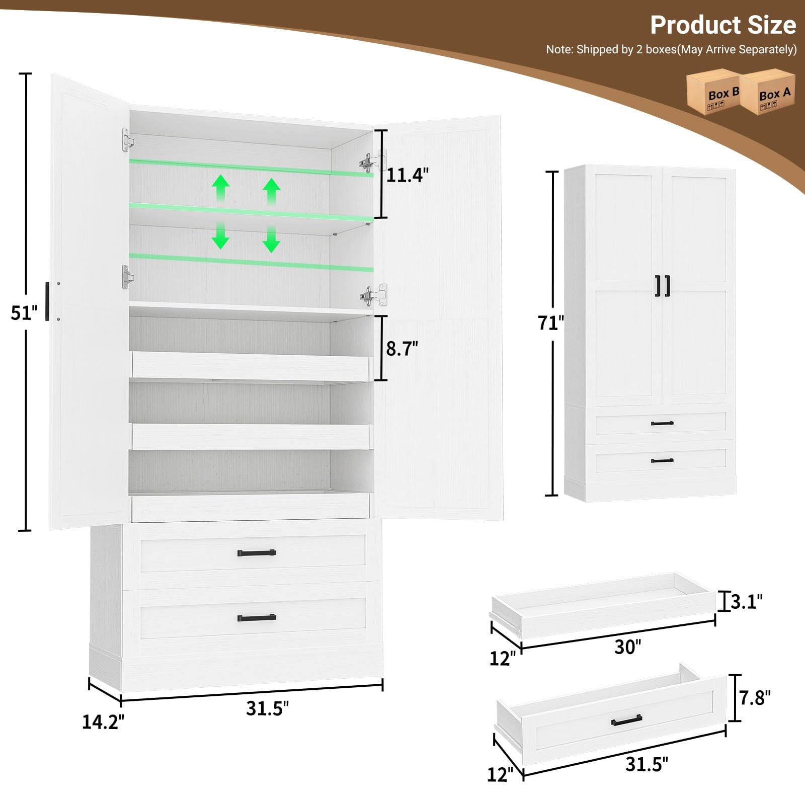 Product Size Note: Shipped by 2 boxes (May Arrive Separately)

Box A
- 71"
- 11.4"
- 51"
- 8.7"
- 14.2"
- 31.5"

Box B
- 12"
- 30"
- 3.1"
- 7.8"
- 12"
- 31.5"