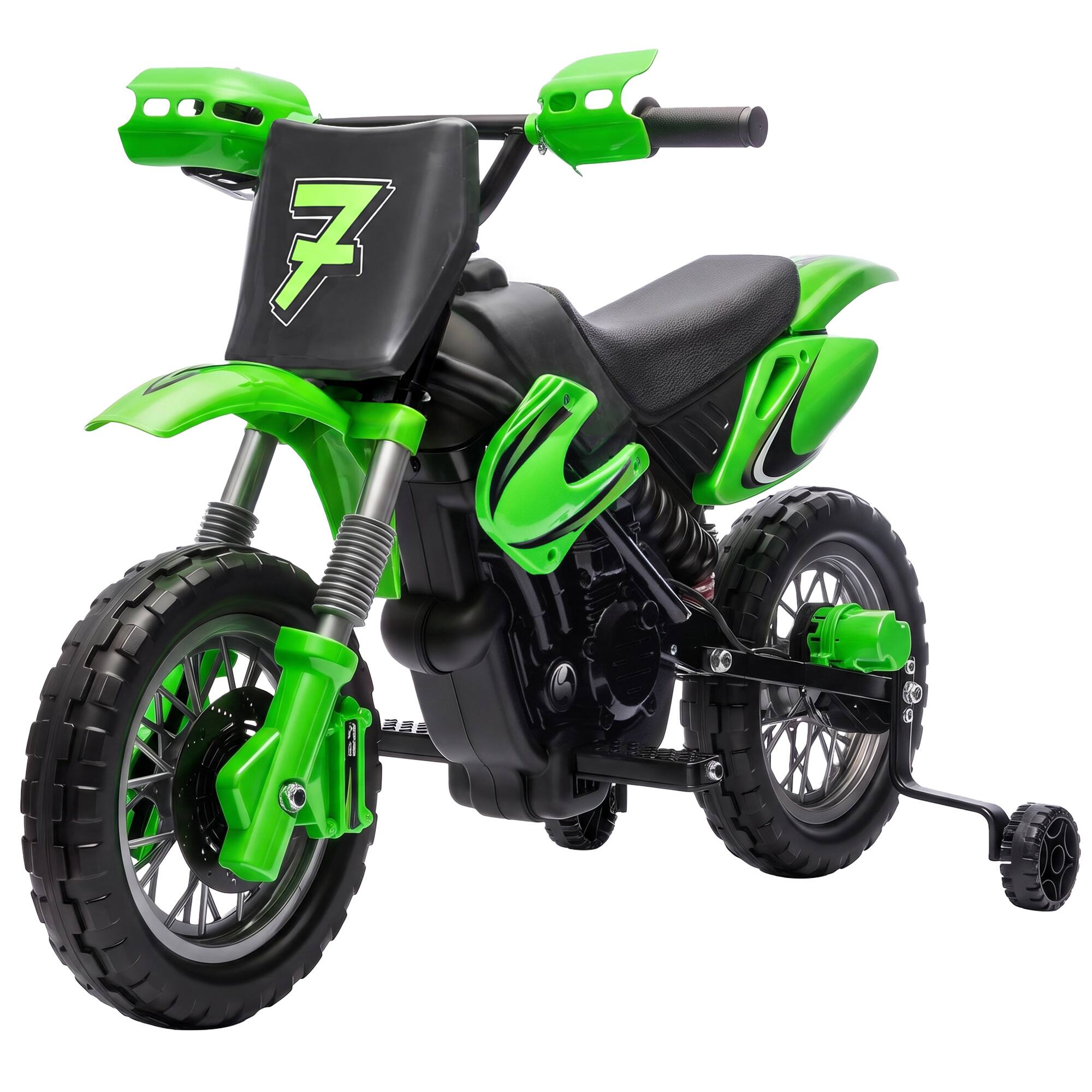 Front. Qaba - Kids Motorcycle, 2 x 35W Electric Dirt Bike with Training Wheels, Rear Suspension - Green.