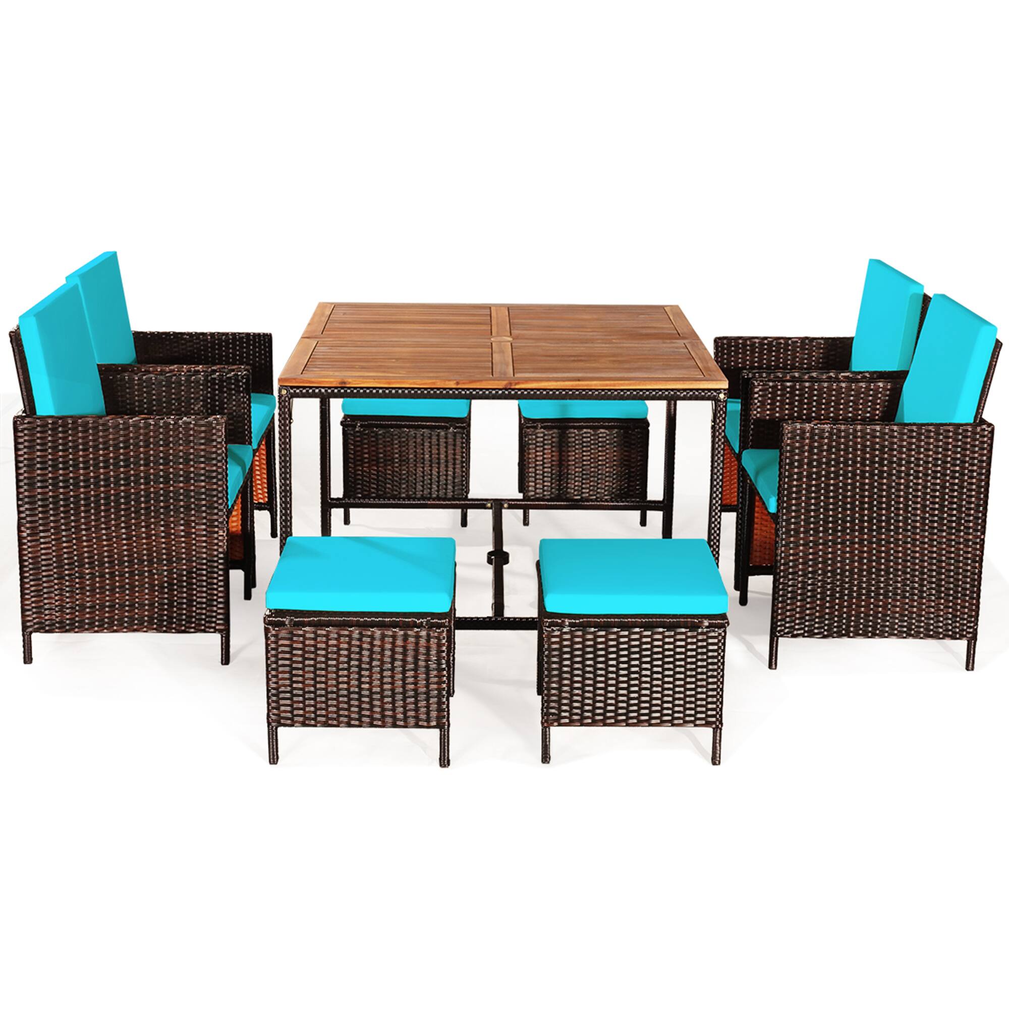 Alt View 1. Gymax - Gymax 9PCS Rattan Wicker Dining Set Patio Outdoor Furniture Set w/ Turquoise Cushion - as pic.