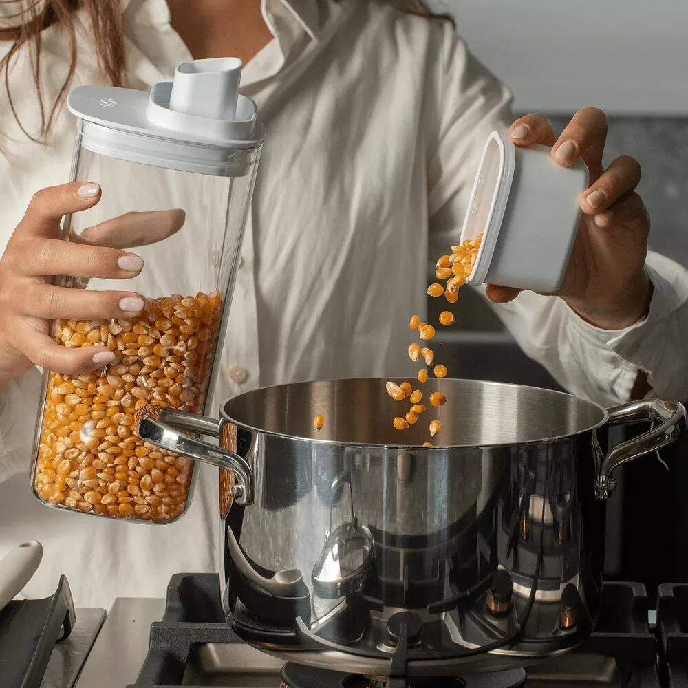 Angle. OU - Food Storage Container Set, 2‑Pack 4 Cup & 6 Cup Pantry Organizers w/ Measuring Leak‑Proof Lids - White.