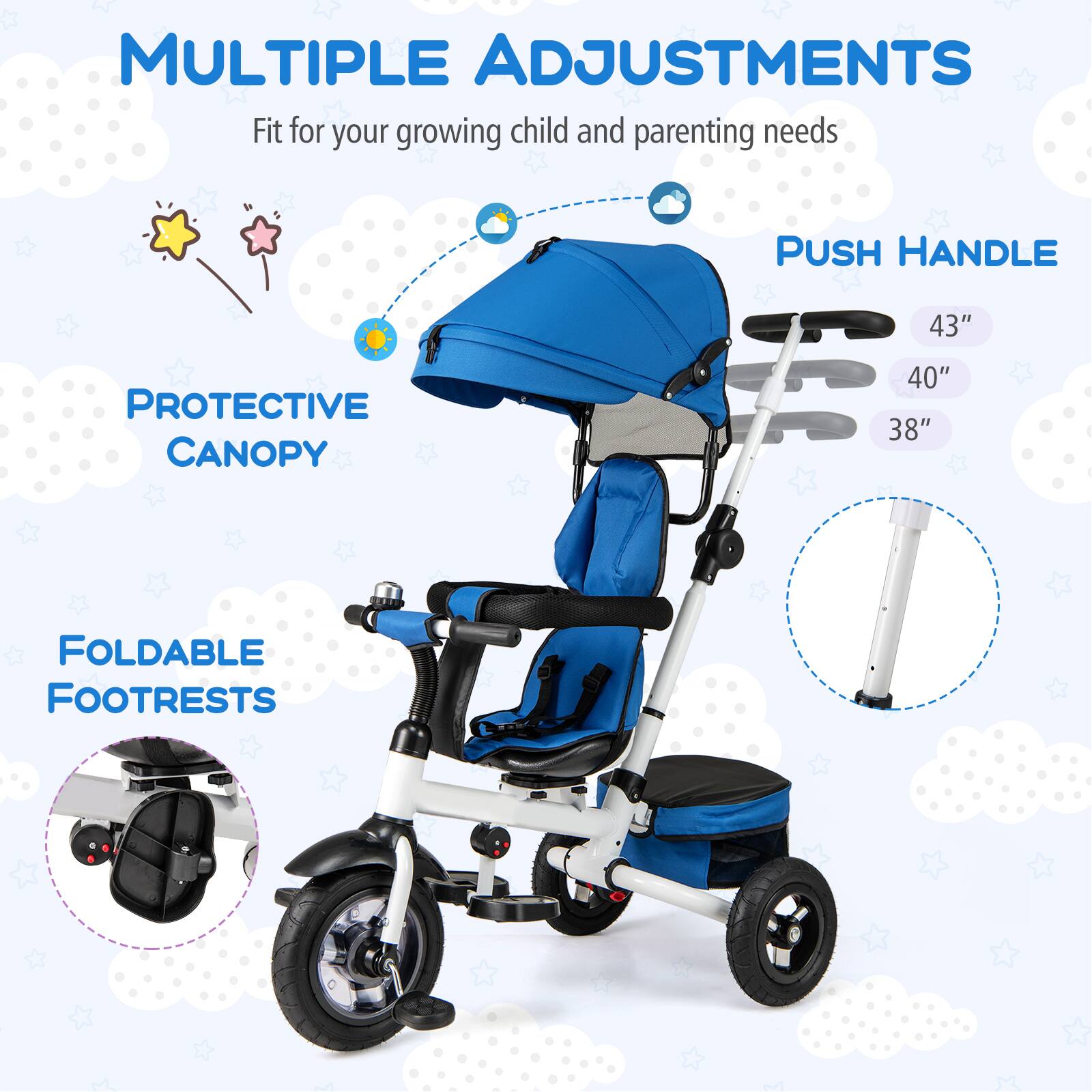 MULTIPLE ADJUSTMENTS  
Fit for your growing child and parenting needs  

PROTECTIVE CANOPY  

PUSH HANDLE  
43"  
40"  
38"  

FOLDABLE FOOTRESTS
