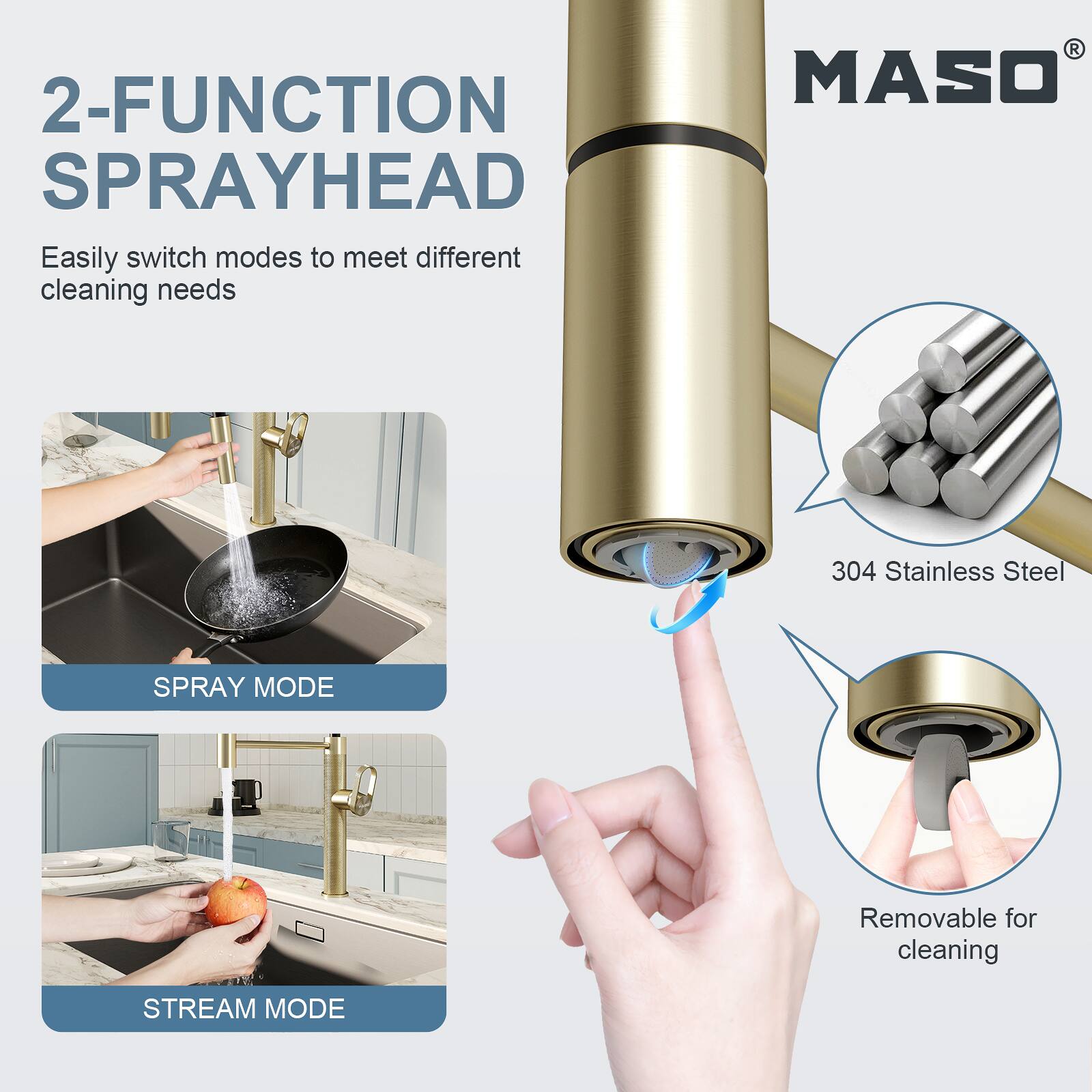 2-FUNCTION SPRAYHEAD  
Easily switch modes to meet different cleaning needs  

MASO  
304 Stainless Steel  

SPRAY MODE  
? Removable for cleaning  
STREAM MODE