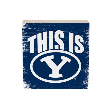 Front. Evergreen Enterprises - BYU Cougars 6" Square Fan Chant Wood Block Shelf Sign - Multicolor.