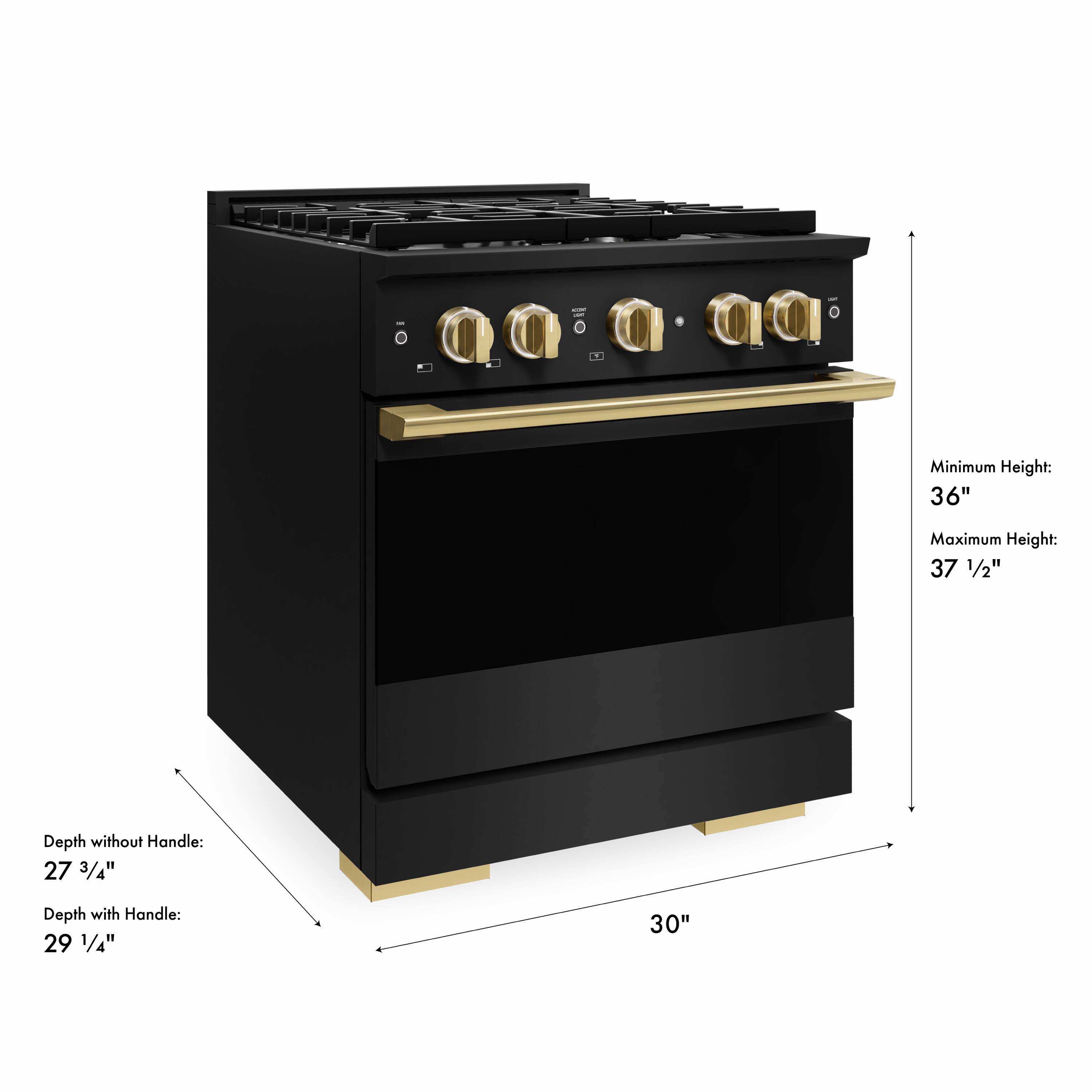 - Minimum Height: 36"
- Maximum Height: 37 1/2"
- Depth without Handle: 27 3/4"
- Depth with Handle: 29 1/4"
- Width: 30"