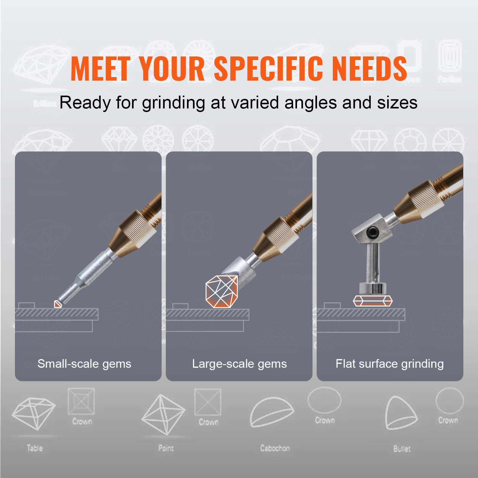 MEET YOUR SPECIFIC NEEDS  
Ready for grinding at varied angles and sizes

- Small-scale gems
- Large-scale gems
- Flat surface grinding

Crown  
Table  
Point  
Cabochon  
Bullet