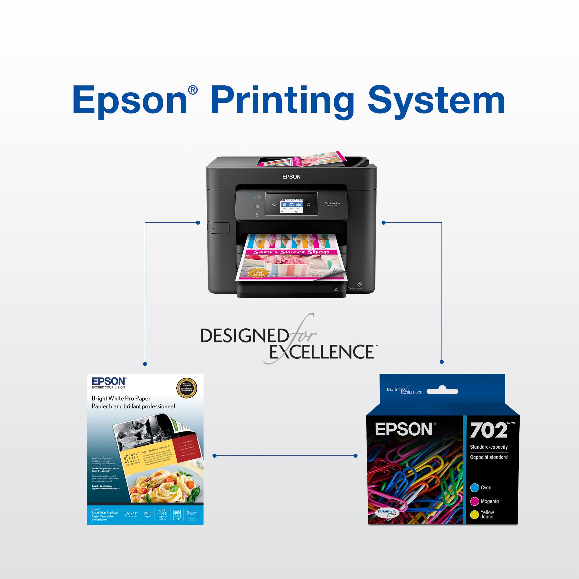 Epson Printing System EPSON | M - | - Saras Shee Shop aS DESIGNED FOR EXCELLENCE EPSON HCCR - - DESIGNED FOR EXCELLENCE EPSON 702 Shendord-copecity Cepecte pepuna . Oyon I - matt .... - ... - -- - - - Magenta Tellow Je