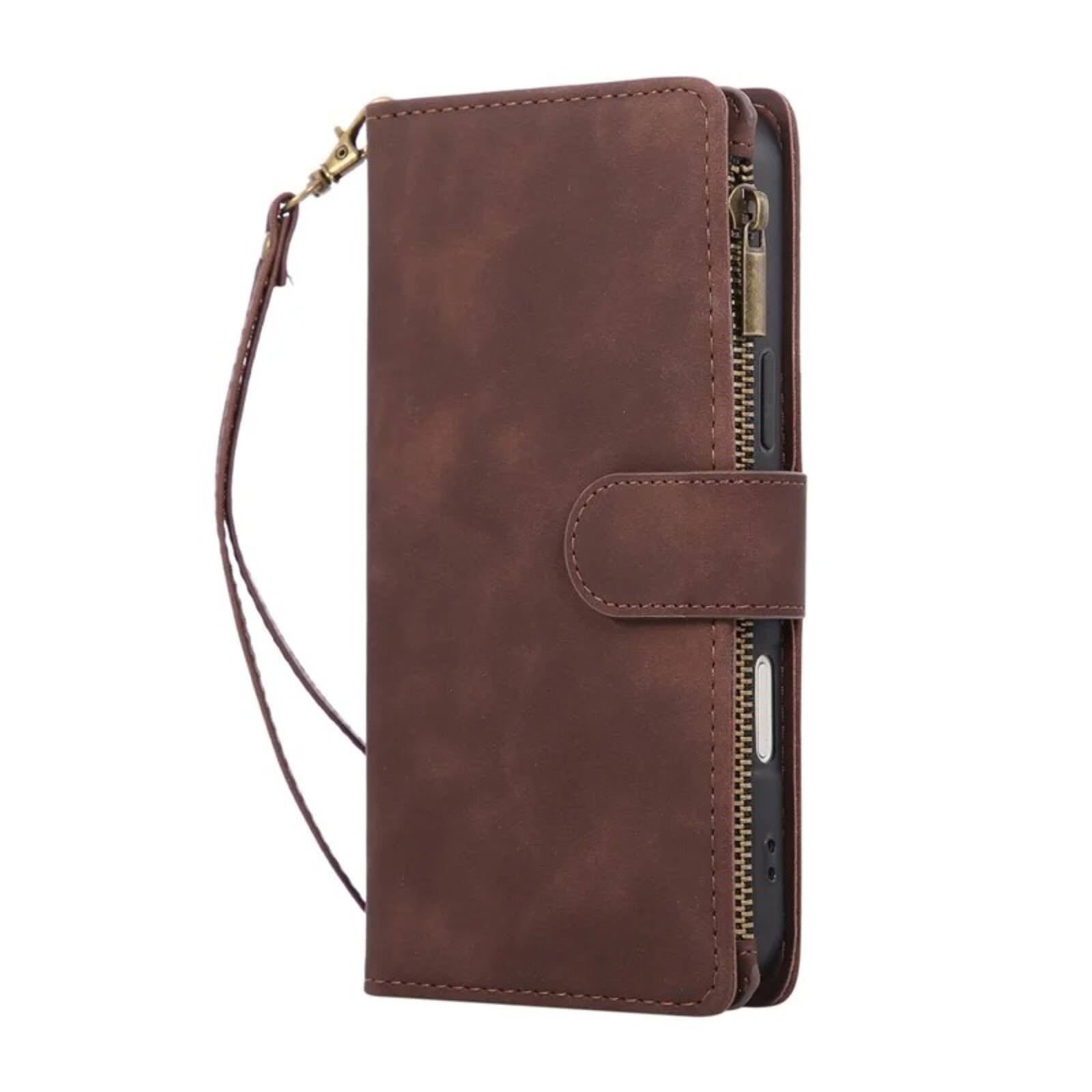 Alt View 3. UUCOVER - Wallet Case for Apple iPhone 18 Pro with Card Slots Cash Holder, Zipper Pocket, Wrist & Shoulder Strap, Flip Stand Cover - Coffee.