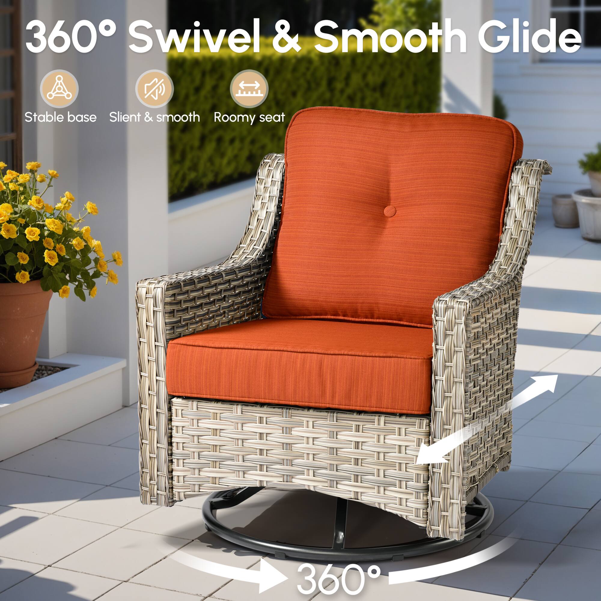360° Swivel & Smooth Glide

- Stable base
- Silent & smooth
- Roomy seat

360°