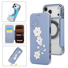 Dteck - Floral Relief Faux Leather Flip Wallet Case for Apple iPhone 17 Pro Max,Mag Safe Electroplated Slim Clear Back Cover - Blue
