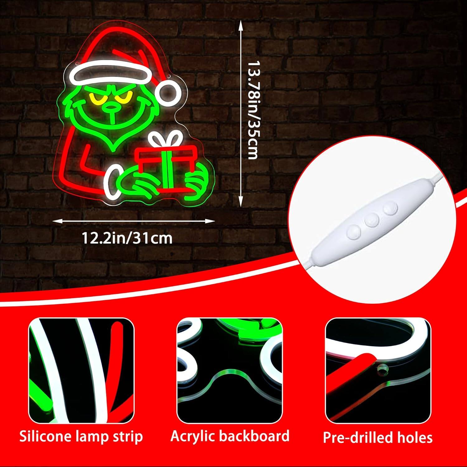 13.78in/35cm  
12.2in/31cm  
Silicone lamp strip  
Acrylic backboard  
Pre-drilled holes