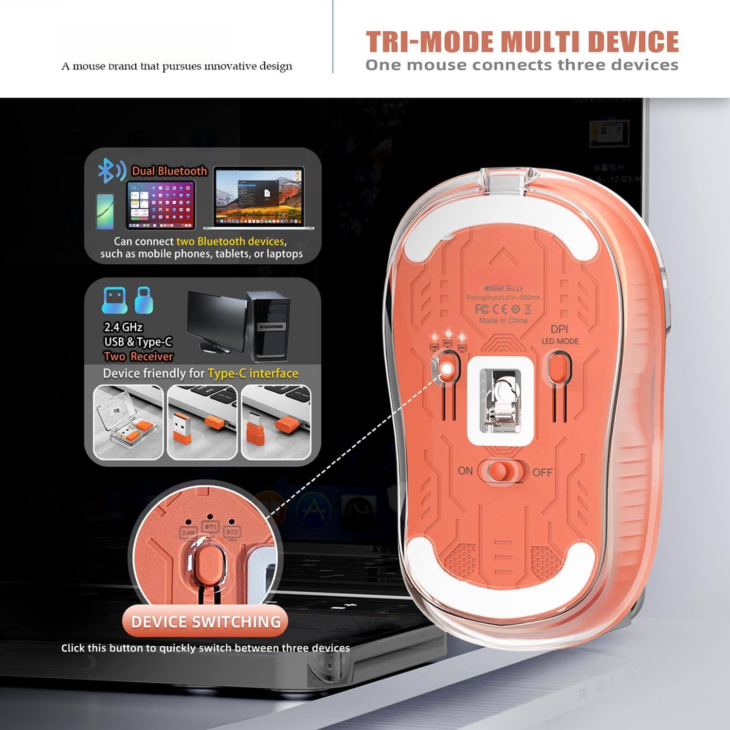 A mouse brand that pursues innovative design

TRI-MODE MULTI DEVICE  
One mouse connects three devices

Dual Bluetooth  
Can connect two Bluetooth devices, such as mobile phones, tablets, or laptops

2.4 GHz USB & Type-C  
Two Receiver  
Device friendly for Type-C interface

DEVICE SWITCHING  
Click this button to quickly switch between three devices

Rating: 5V 800mA  
FC CE  
Made in China  
DPI  
LED MODE  
ON  
OFF