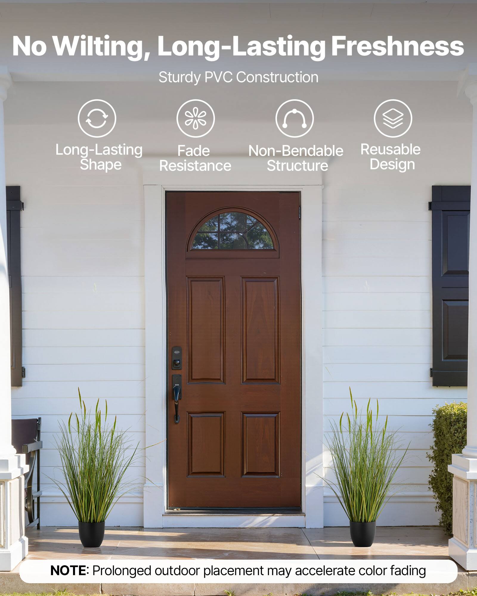 No Wilting, Long-Lasting Freshness  
Sturdy PVC Construction  

- Long-Lasting Shape  
- Fade Resistance  
- Non-Bendable Structure  
- Reusable Design  

NOTE: Prolonged outdoor placement may accelerate color fading