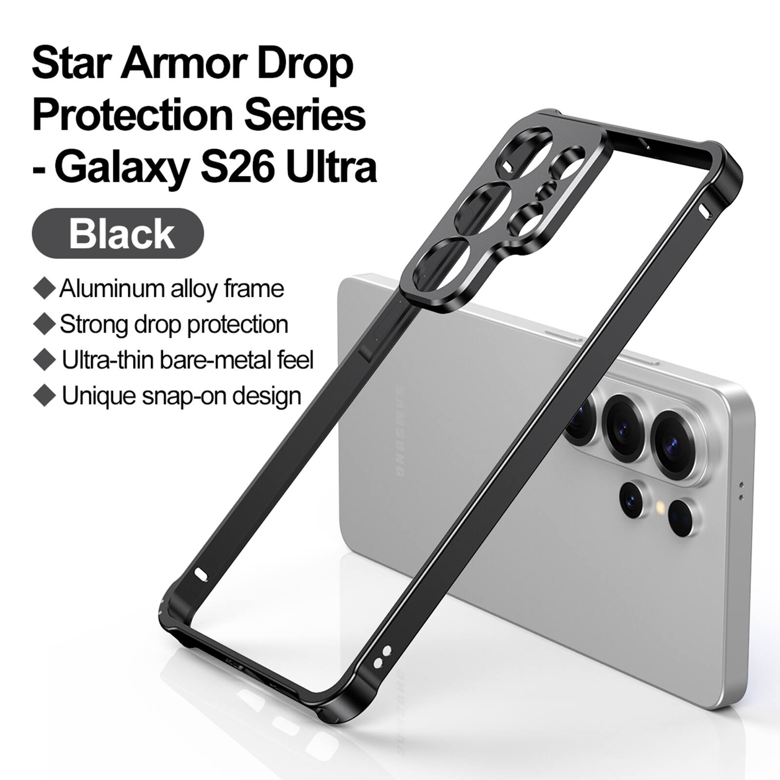 Dteck - For Samsung Galaxy S26 Ultra Shockproof Rugged Aluminum Alloy Bumper Case with Metal Lens Cover - Black